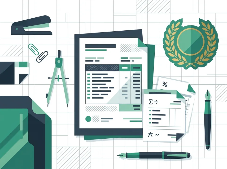 Vector editorial artwork of university transcript calculation sheets with geometric dividers and academic laurel emblems in deep slate.