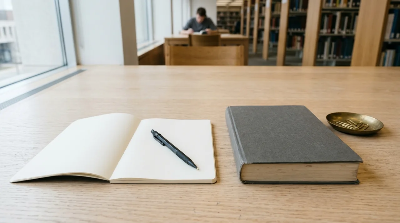 Collegiate study table with opened course syllabus textbooks, clean ledger notebook, and mechanical drafting pencil bathed in soft morning library daylight.